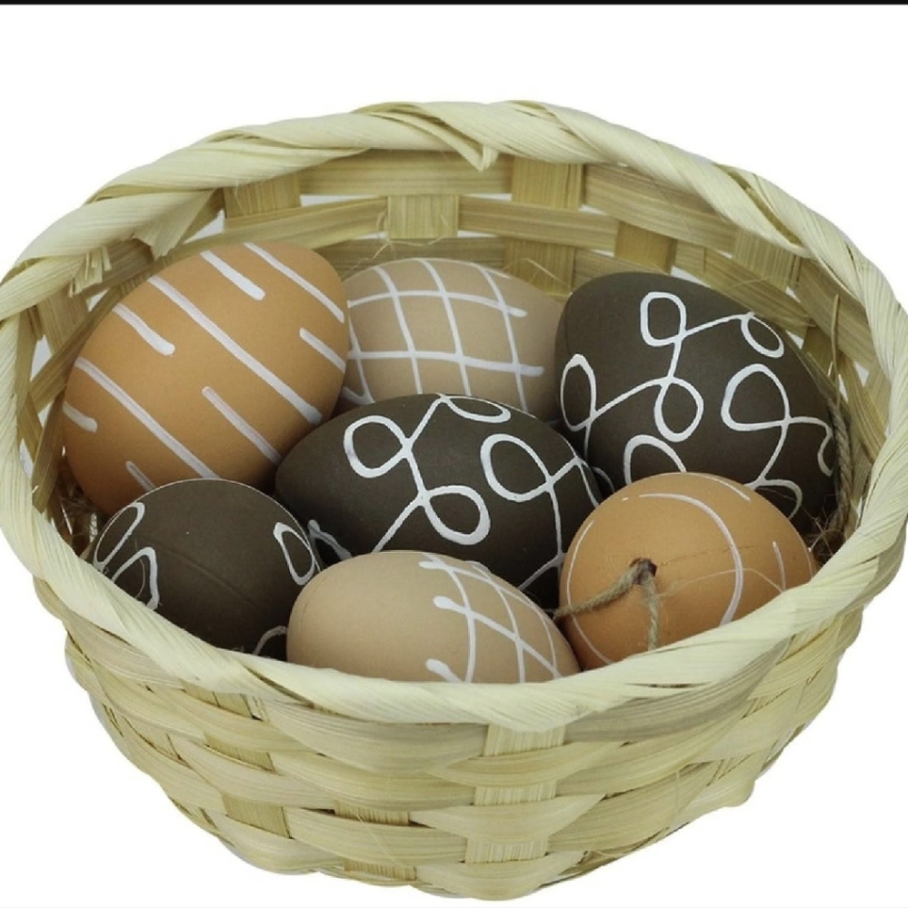 Farmhouse Neutral Tone Painted Design Easter Eggs Ornaments & Basket BNWT